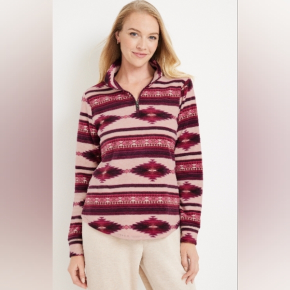 Maurices Pullover Fleece Jacket Burgundy Aztec Geometric Sweatshirt 1/4 Zip - Picture 2 of 8
